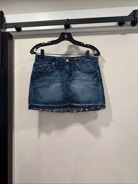 Vintage Women's Dark Blue Denim Mini Skirt with Frayed Hem w Swarovski crystals